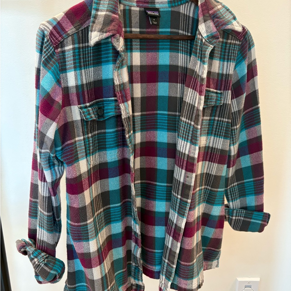 Patagonia Teal, Plum & Gray Plaid Button-Down Shirt